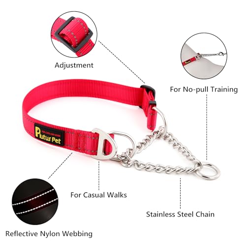 Plutus Pet Martingale Dog Collar with Stainless Steel Chain and Reflective Nylon, Adjustable No Pull Training Collar, for Small Medium, and Large Dogs, Red, S - color: Red, size: Small