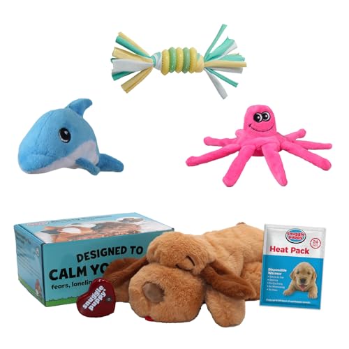 Snuggle Puppy Original, Dog Toy with Calming Heartbeat, Soothing Plush Companion Reduces Pet Anxiety, Includes Heat Pack & Batteries + 3 Tender-Tuff Dog Toys for Small Breeds - color: Biscuit Bundle 3