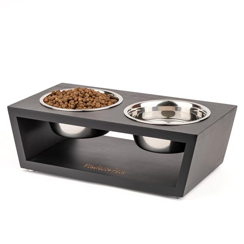 4" Tall Elevated Dog Bowls for Small Dogs, Food and Water Bowl Set by Pawfect Pets (Black) - color: Black