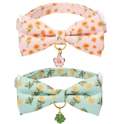2 Pack Cat Collars, Removable Bowtie, Floral Pattern, Safety Breakaway Clasp, Adjustable for Cats.(Adult Cat,Mint Green and Lt Pink with Floral) - color: Mint Green+ Lt Pink