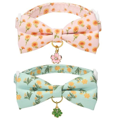 2 Pack Cat Collars, Removable Bowtie, Floral Pattern, Safety Breakaway Clasp, Adjustable for Cats.(Adult Cat,Mint Green and Lt Pink with Floral) - color: Mint Green+ Lt Pink