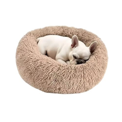 SALAN Calming Donut Dog Bed for Small Dogs and Cats, 16 Inch Round Plush Faux Fur Pet Bed, Washable Fluffy Self Warming Anti Anxiety Cuddler Bed for Puppy, Kitten, Indoor Cats (Khaki) - color: Khaki
