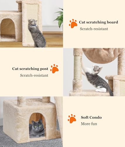 SYANDLVY Cat Tree for Indoor Cats Large Adults, Modern Activity Tower with Scratching Posts & Board, Condo with Plush Perch, Climbing Stand with Cradle & Hanging Ball for Play, Beige - color: Beige