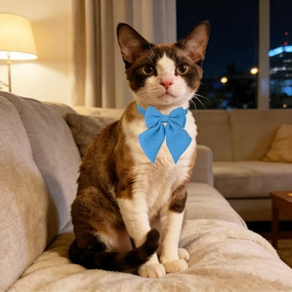 Cat Collar with Bow Tie Bell Breakaway Kitten Small Pet Safety Solid Wedding Basic Pure Color Suede Soft Adjustable Sailor Bow-[1pc] Blue - color: Sailor Bow-[1pc] Blue