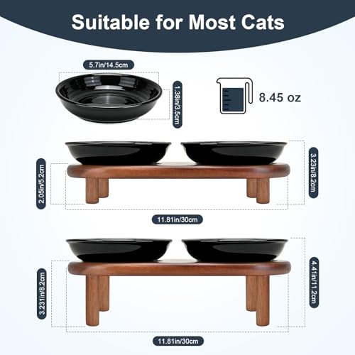 SPUNKYJUNKY Shallow Elevated Cat Bowl with Acacia Wood Stand Wide Raised Ceramic Cat Dishes Whisker Friendly Pet Food and Water Plates (Striped Pattern, Black) - color: Black