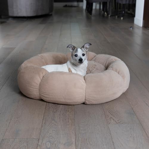 Sherry Kline Pets “Daisy Round” Donut Shape Calming Bed for Dogs and Cats, from Soft Faux Fur, Available in 4 Sizes, Machine Washable - color: Taupe, size: Medium
