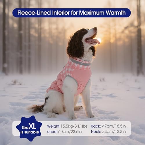 FUAMEY Dog Coat for Small Dogs,Waterproof Dog Winter Jacket with Harness Built in Puppy Cold Weather Coats Reflective Pet Vest with Zipper Warm Fleece Dogs Snowsuit Windproof Pink Plaid XS - color: Pink Plaid, size: XS(chest:14in)
