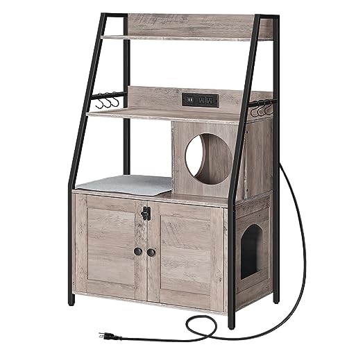 HOOBRO Litter Box Enclosure with 2 Storage Shelves, Tall Litter Box Furniture Hidden with Charging Station, Indoor Hidden Litter Box Furniture with Plush Mat, Greige BG70UMW01 - color: Greige