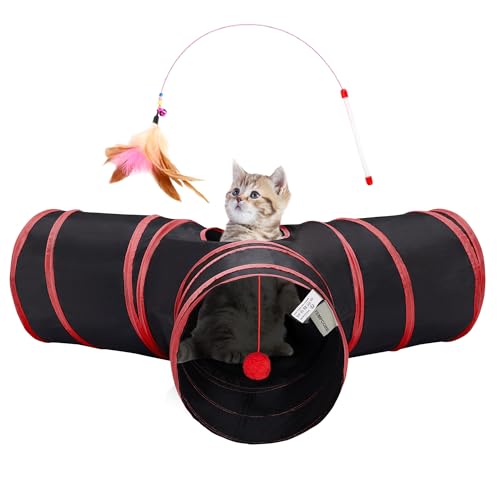 Tempcore Cat Tunnel for Indoor Cats, 3-Way Collapsible Play Tunnel with Teaser Wand, Peek Holes & Toy Ball, Small Pet Toy for Kittens & Rabbits, Black & Red - color: 3-Way Black&Red, size: 3-way
