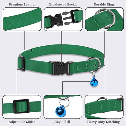 Breakaway Cat Collar with Bell - Leather Adjustable Kitten Collars with Safety Quick Release Buckle - Soft Small Pet Collars for Girl & Boy Cats (Green) - color: Green