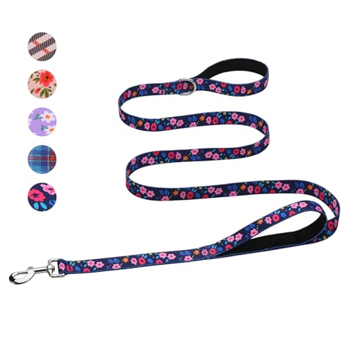 Hikiko 6 Ft Double Handle Dog Leash for Small Dogs, Padded Traffic Handles Lead for Walking Training (Navy Blue Floral) - color: Navy Blue, size: 3/4 in x 6 ft