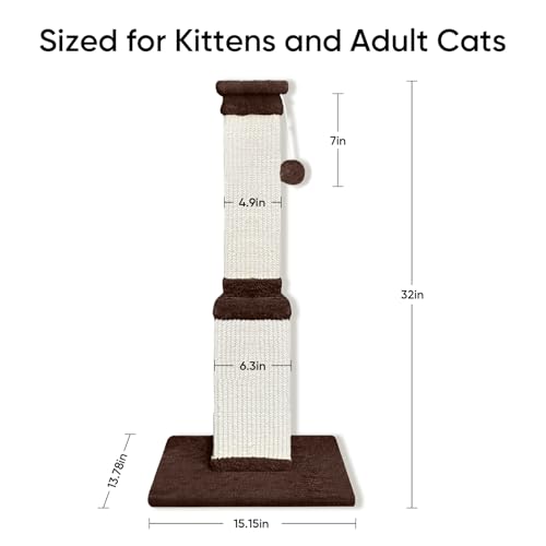 32 Tall Cat Scratching Post for Large Cats, Cat Scratcher for Indoor Cats Adults, Sturdy Sisal Scratch Post to Protect Furniture, Brown - color: Brown
