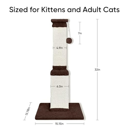 32 Tall Cat Scratching Post for Large Cats, Cat Scratcher for Indoor Cats Adults, Sturdy Sisal Scratch Post to Protect Furniture, Brown - color: Brown