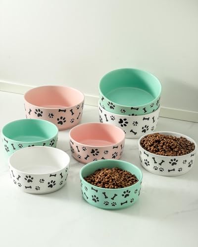 UBEE Ceramic Dog Bowl Set of 2, 5.5 inch Dog Food Bowl Dish with Bone Paw Pattern, Pet Food Water Dish Feeding Plates for Small Dogs, Puppy and Cat, Pink - color: Pink-dog paw, size: 5.5 inch x 2