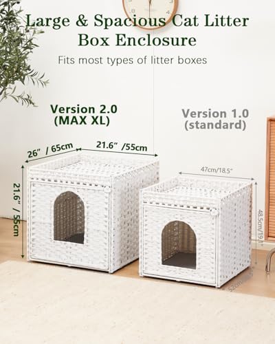 SETVSON Cat Litter Box Enclosure Furniture, Large Hidden Litter Box Furniture, Handwoven Rattan Cat House Cabinet, One Mat, Two S-Shaped Hooks, Living Room, Apartment 21.6 X 26 X 21.6 Inches, White - color: White, size: XL