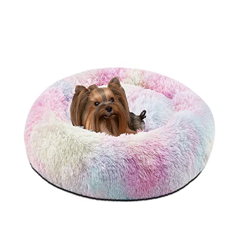 Friends Forever Donut Dog Bed Faux Fur Fluffy Calming Sofa For Small Dogs, Soft & Plush Anti Anxiety Pet Couch For Dogs, Machine Washable Coco Pet Bed with Non-Slip Bottom, 23"x23"x6" Rainbow - color: Rainbow, size: Small (23"x23"x6"), style: Donut