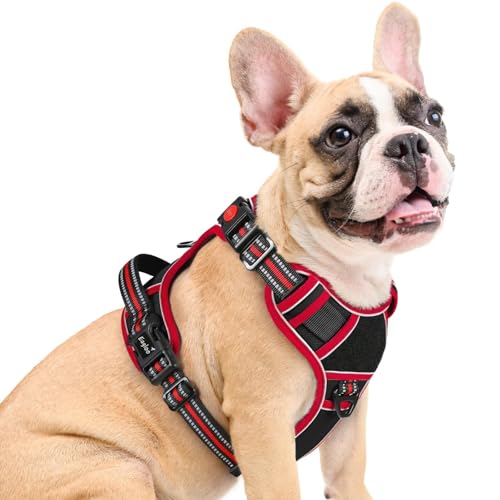 Dog Harness Medium Sized, Easy Wearing with 3 Buckles, Adjustable No Pull Pet Harness with 2 Rings for Walking, No Chock Reflective Soft Padded Vest with Control Handle, Black & Red, M - color: Black & Red, size: Medium