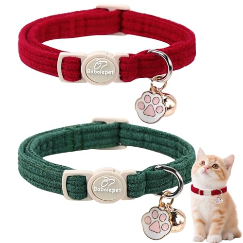 2 Pack Corduroy Cat Collars - Cute Breakaway Cat Collar with Bell and Paw Pendant, Soft Adjustable Fall Winter Kitten Collars for Girl Boy Cats, Green&Burgundy - color: Green&Burgundy