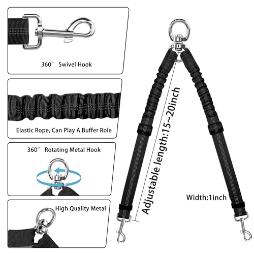 YAODHAOD Double Dog Leash,Two Dog Leash Splitter, No Tangle 360° Swivel Rotation Reflective Lead, Adjustable Length Bungee Heavy Duty Walking Training Dual Extension (Black) - color: Black