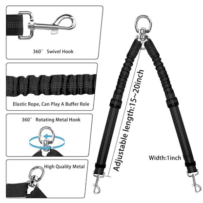 YAODHAOD Double Dog Leash,Two Dog Leash Splitter, No Tangle 360° Swivel Rotation Reflective Lead, Adjustable Length Bungee Heavy Duty Walking Training Dual Extension (Black) - color: Black