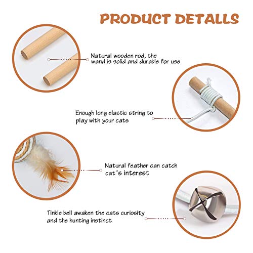 3-Pack Cat Wand Toys, 16-Inch Natural Wooden Teaser Wand with 5 Silvervine Sticks, Interactive Feather Wand for Indoor Cats - color: RedOrangeBrown-3pcs