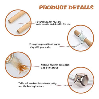 3-Pack Cat Wand Toys, 16-Inch Natural Wooden Teaser Wand with 5 Silvervine Sticks, Interactive Feather Wand for Indoor Cats - color: RedOrangeBrown-3pcs