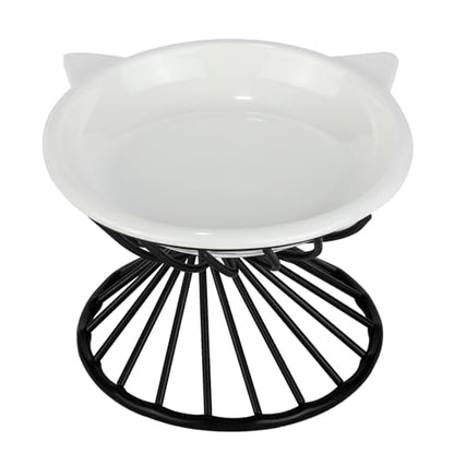Elevated Cat Bowls,6.3" Wide Raised Ceramic Cat Food Bowl with Anti-Slip Metal Stand for Indoor Cats,Whisker Friendly,Protect Pet's Spine Pet Food Dishes for Flat Faced Cats and Kitten (White) - color: White