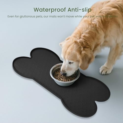 PWTAA Dog Food Mat Anti-Slip Silicone Dog Bowl Mat Thicker Pet Placemat Waterproof Cat Feeder Pad with Raised Edge Puppy Kitten Feeding Mats Suitable Small Medium-Sized Dogs Cats Eating Tray - color: Black, size: 19.4" x 9.8"