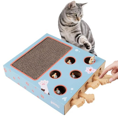 PAWISE Interactive Cat Scratcher Toy - 3-in-1 Cardboard Cat Scratching Board & Interactive Puzzle Toy Box for Indoor Cats, Nail File Scratch Pad with Pop-up Mice, Cat Enrichment Toy for Kitten - size: 10X12X2.4
