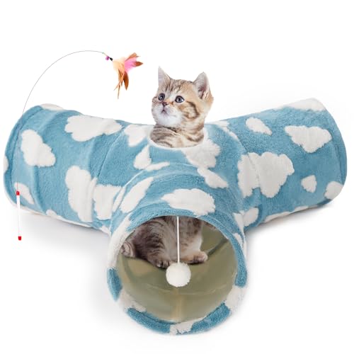 Tempcore Cat Tunnels for Indoor Cats, Cat Tube Toys 3 Way Collapsible, Pet Play Tunnel with Peek Hole Toy Ball for Kitty, Kitten, Rabbit, Blue Cloud - color: 3-Way Blue Cloud, size: 3-way