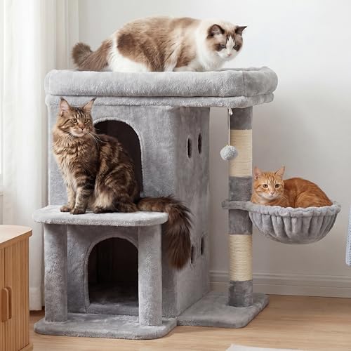 Heybly Cat Tree, 26.3-inch Cat Tower with Spacious Top Perch for Large Cats, Stair-Style Cat House Furniture with Dual-Layer Condos, Sisal Scratching Posts, Cozy Basket & Pompom, Light Gray HCT204SW - color: Light Gray, size: 26.3 Inch