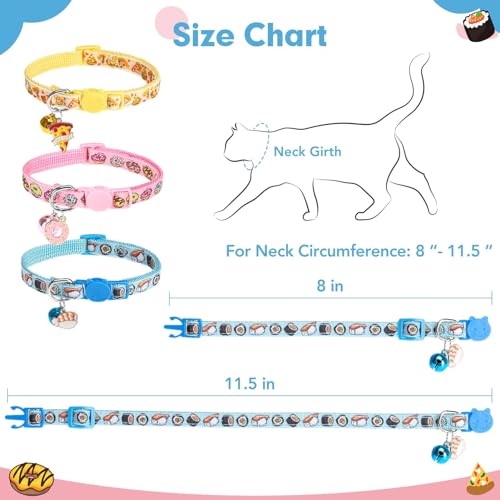 BINGPET Christmas Breakaway Cat Collar with Bell,3 Pack Cat Collars for Girl Cats, Cute Kitty Collars Accessories with Donut & Sushi & Pizzas(Yellow/Pink/Blue) - color: Food-3pcs