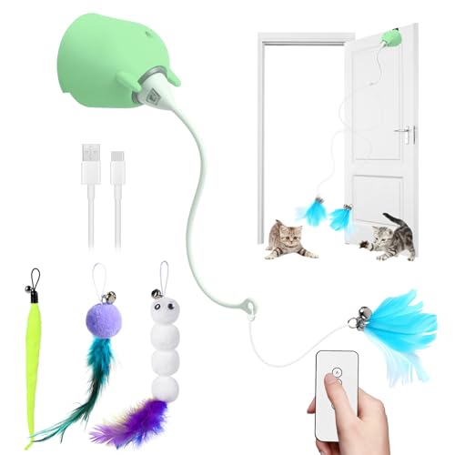 Cat Toys Interactive for Indoor Cats, Rechargeable Toy Hanging Door Electric with 4pcs Feathers Toys for Bored Kittens (Green) - color: Green