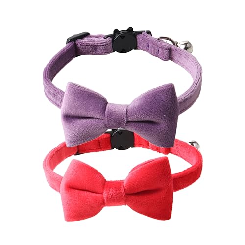 Love Dream Cat Collar Breakaway with Bow Tie and Bells - 2 Pack Velvet Girl Boy Kitty Safety Kitten Collars with Removable Bowtie for Cats Kittens, Red & Purple - color: Red & Purple