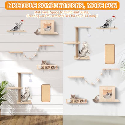 Cat Wall Shelves, Solid Wooden Wall-Mounted Cat Furniture, Set of 6 Cat Climbing Shelves with House, Bed, Bridge, Tree, Steps and Scratcher - color: Solid Wood