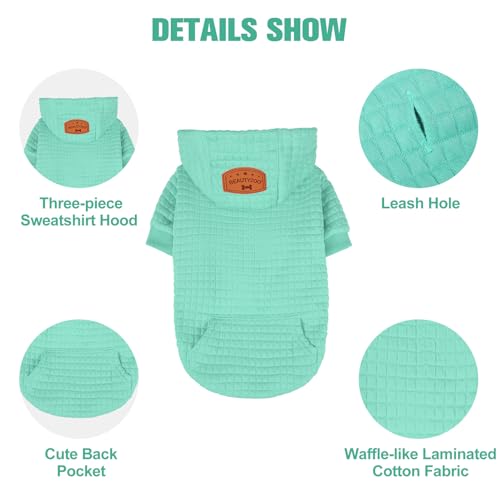 BEAUTYZOO Small Dog Hoodie Sweater with Pockets, Dog Clothes for Small Medium Dogs Boy Girl, Waffle-Like Laminated Cotton Pet Coats with Hat and Leash Hole, Mint Green S - color: Mint Green, size: S (Back: 12",Chest: 16", Neck: 10")