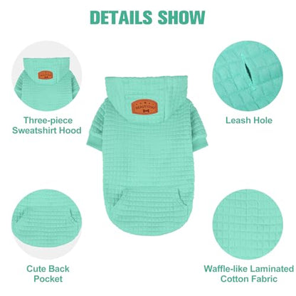BEAUTYZOO Small Dog Hoodie Sweater with Pockets, Dog Clothes for Small Medium Dogs Boy Girl, Waffle-Like Laminated Cotton Pet Coats with Hat and Leash Hole, Mint Green S - color: Mint Green, size: S (Back: 12",Chest: 16", Neck: 10")