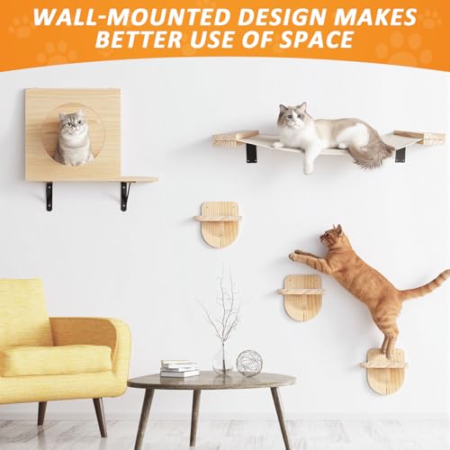 TIMIEEYA Cat Wall Shelves - Stable & Safe 5 in 1 Cat Walls Furniture Set, Wooden Kitten Climbing Wall with 1 Condos House, 1 Hammock & 3 Wall Steps - style: 5pcs with Hammock