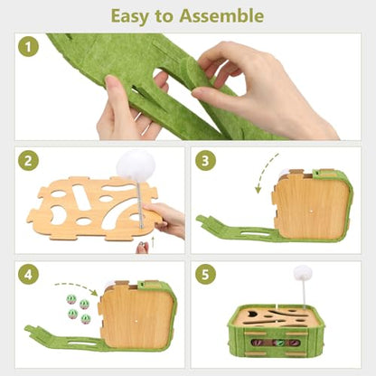 Interactive Cat Scratch Puzzle Box Wooden Enrichment Toy Intelligence Treat Kitten Maze Puzzle Toy with Jingle Balls and Wands Mental Stimulation Games for Bored Indoor Cats