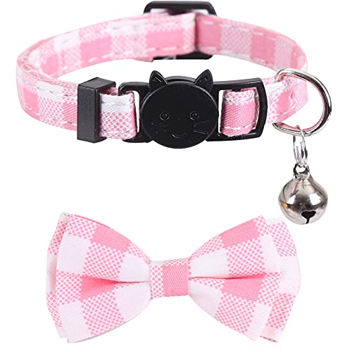 2 Pack/Set Cat Collar Breakaway with Cute Bow Tie and Bell Plaid Flower for Kitty Adjustable Safety - color: Pink-2