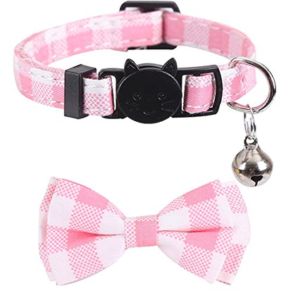 2 Pack/Set Cat Collar Breakaway with Cute Bow Tie and Bell Plaid Flower for Kitty Adjustable Safety - color: Pink-2
