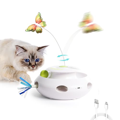 ALL FOR PAWS 3 in 1 Interactive Butterfly Flutter Cat Toy with Rolling Balls, Automatic Kitten Spinner Toys, Popping Feather Toy, Mental Stimulation for Indoor Cats, USB Rechargeable