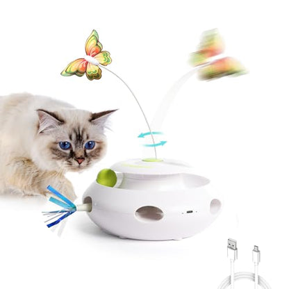 ALL FOR PAWS 3 in 1 Interactive Butterfly Flutter Cat Toy with Rolling Balls, Automatic Kitten Spinner Toys, Popping Feather Toy, Mental Stimulation for Indoor Cats, USB Rechargeable