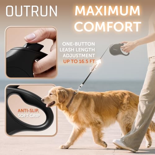 OUTRUN Retractable Dog Leash 16.5 FT Walking Leash up to 55 Lbs, Strong Nylon Tape No Tangle, Heavy Duty One-Handed Brake Lock Perfect for Small & Medium Sized Dogs and Pets - color: Black