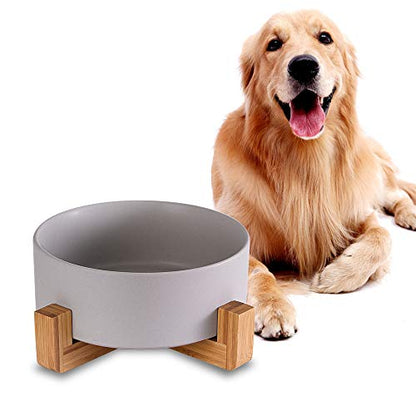 Ceramic Dog Bowl with Bamboo Stand - Large Dog Dish for Food and Water - Heavy Weighted, No Tip Over - 8.4" Diameter - Grey - color: Grey