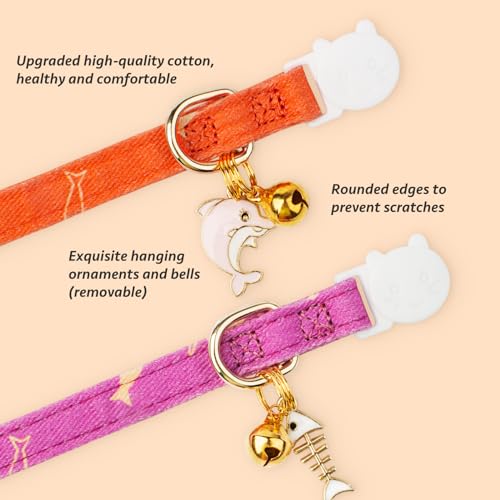 2 Pack Cotton Breakaway Cat Collar Orange and Purple Fish Pendant Cute Kitten Cat Collar with Bell - color: Orange&Purple