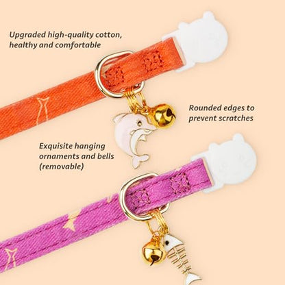 2 Pack Cotton Breakaway Cat Collar Orange and Purple Fish Pendant Cute Kitten Cat Collar with Bell - color: Orange&Purple