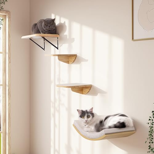 Cat Window Perches, Curved Cat Wall Sisal Mat Bed and 2 Floating Wall Steps, Wall Mounted Climbing Shelves for Sleeping, Playing, and Lounging - color: Sisal-Wood, size: 1 Curved Bed 2 Steps