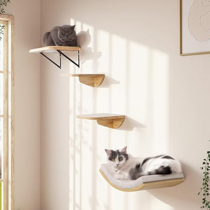 Cat Window Perches, Curved Cat Wall Sisal Mat Bed and 2 Floating Wall Steps, Wall Mounted Climbing Shelves for Sleeping, Playing, and Lounging - color: Sisal-Wood, size: 1 Curved Bed 2 Steps