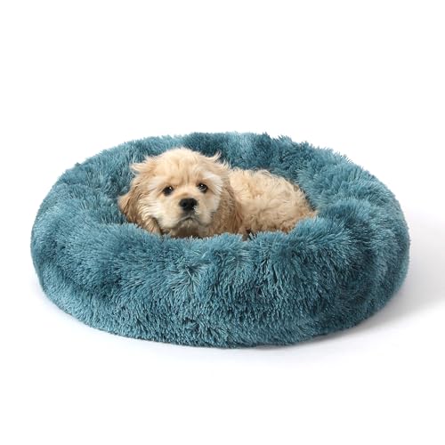 Calming Donut Dog Bed for Small to Medium Dogs & Cats - Plush Faux Fur Anti-Anxiety Pet Bed with Machine Washable Cover & Non-Slip Base - color: Gradient Blue, size: X-Small 15.7''